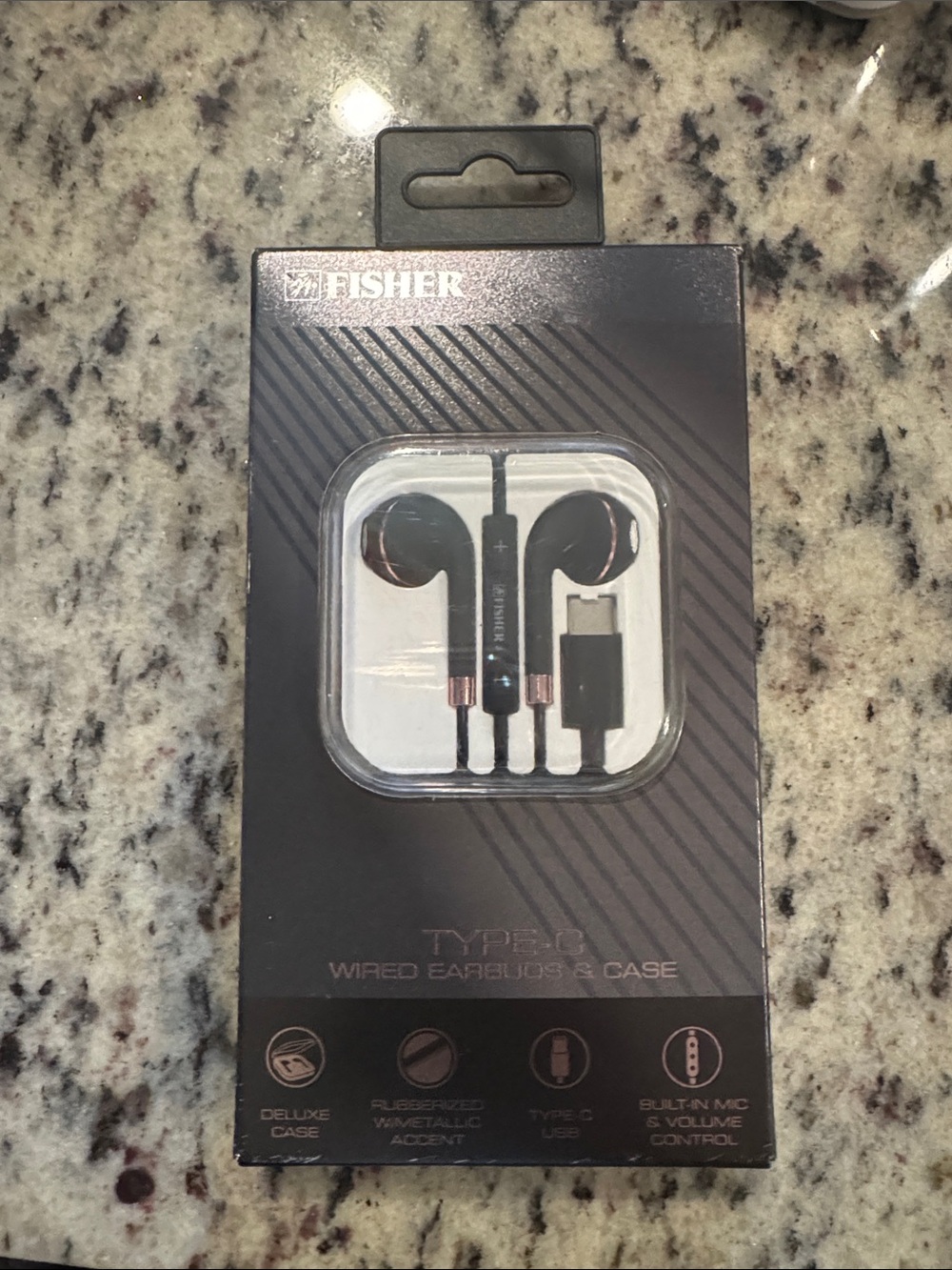 Fisher Type-C Wired Earbuds in Black with Rose Gold Accents